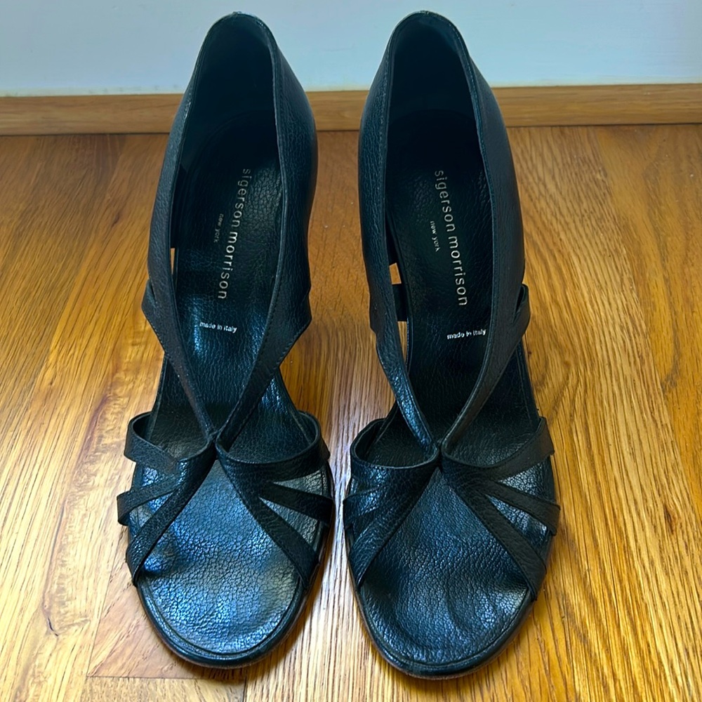 Sigerson Morrison Black Leather Open-Toe Heels